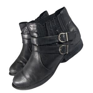 BORN! BLACK GENUINE LEATHER DOUBLE WRAP STRAP LIW HEEL ANKLE BOOTS! SZ 8.5M